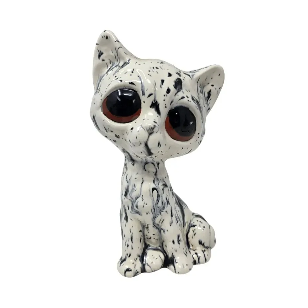 Vintage Big Eye Cat Figurine Black White Ceramic 7in Hairline Crack